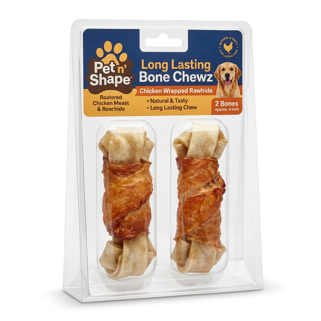 Pet n' Shape Long Lasting Bone Chewz Dog Treat Chicken Wrapped Rawhide 2 Bones 4"