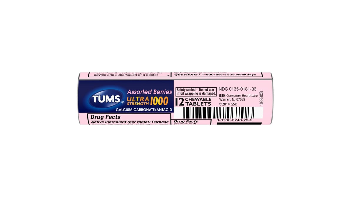 TUMS Ultra Strength Chewable Antacid Tablets for Heartburn Relief Assorted Berries (12 ct)