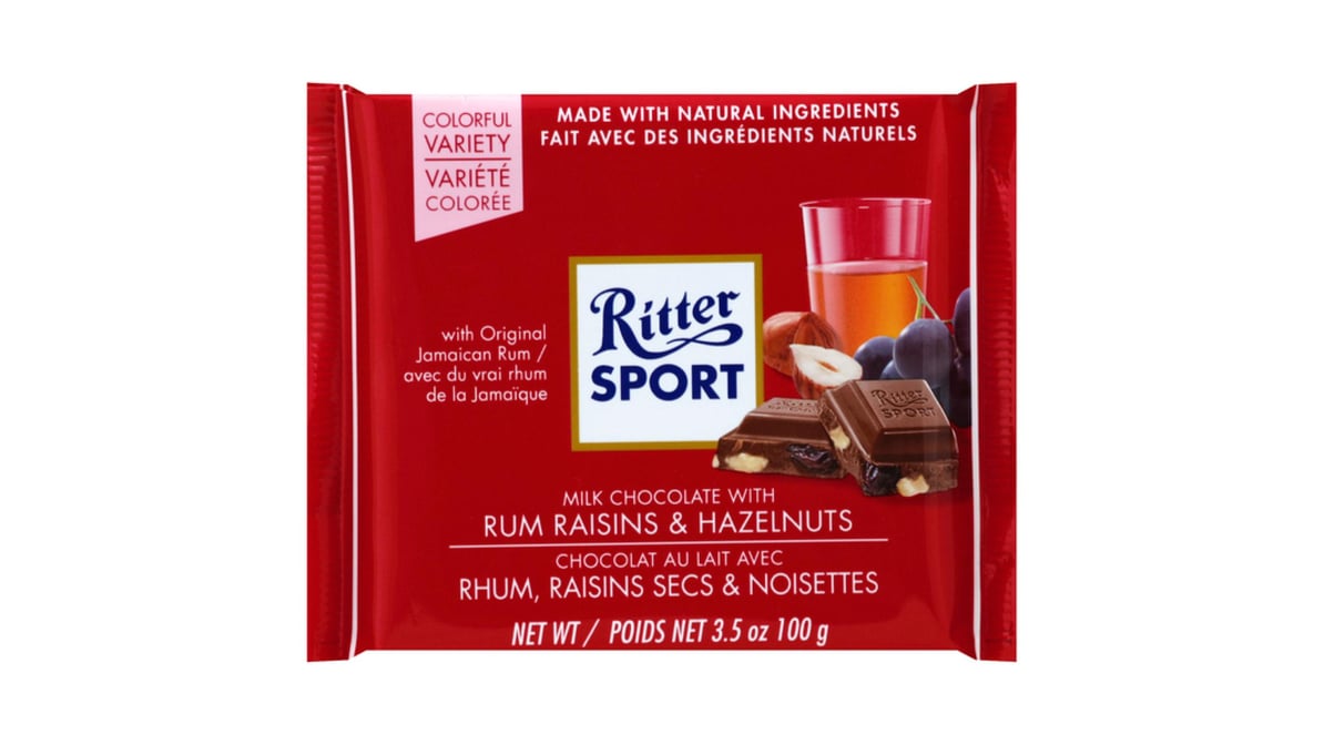 Ritter Sport Milk Chocolate Candy Bar with Rum Raisins & Hazelnuts (3.5 oz)