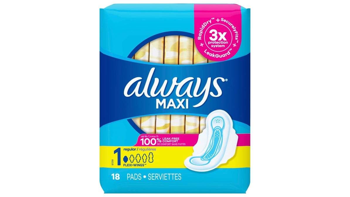 Always Size 1 Unscented Maxi Pads with Wings (18 ct)